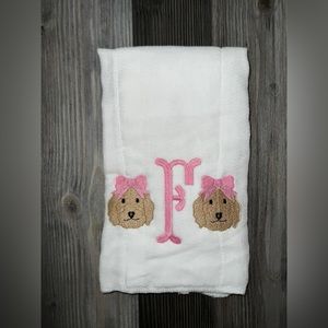 Golden Doodle Monogram Baby Girl Burp Cloth- NEW, F monogram